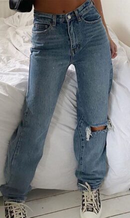Sexy Solid Ripped Mid Waist Straight Denim