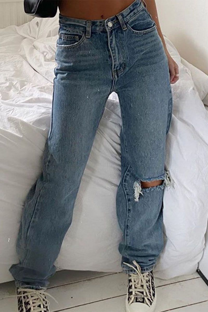 US$ $15.49 - Sexy Solid Ripped Mid Waist Straight Denim - Vogue Rose
