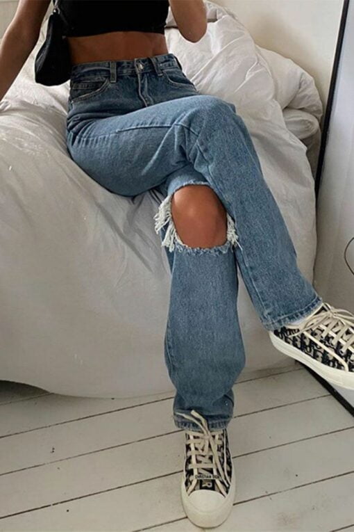 Sexy Solid Ripped Mid Waist Straight Denim