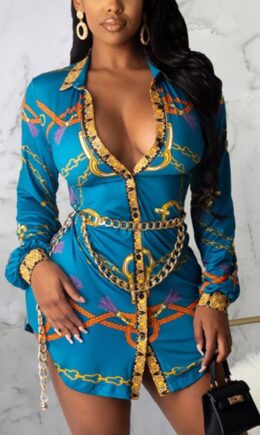 multicolor Fashion Sexy Adult Polyester Print Split Joint Turndown Collar Long Sleeve Mini Printed Dress Dresses