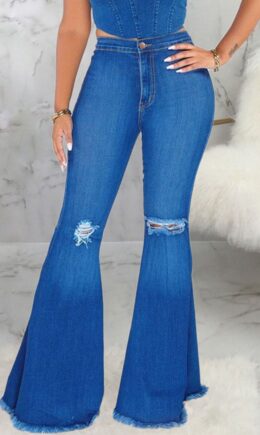 Color blue Sexy Solid Ripped High Waist Boot Cut Denim