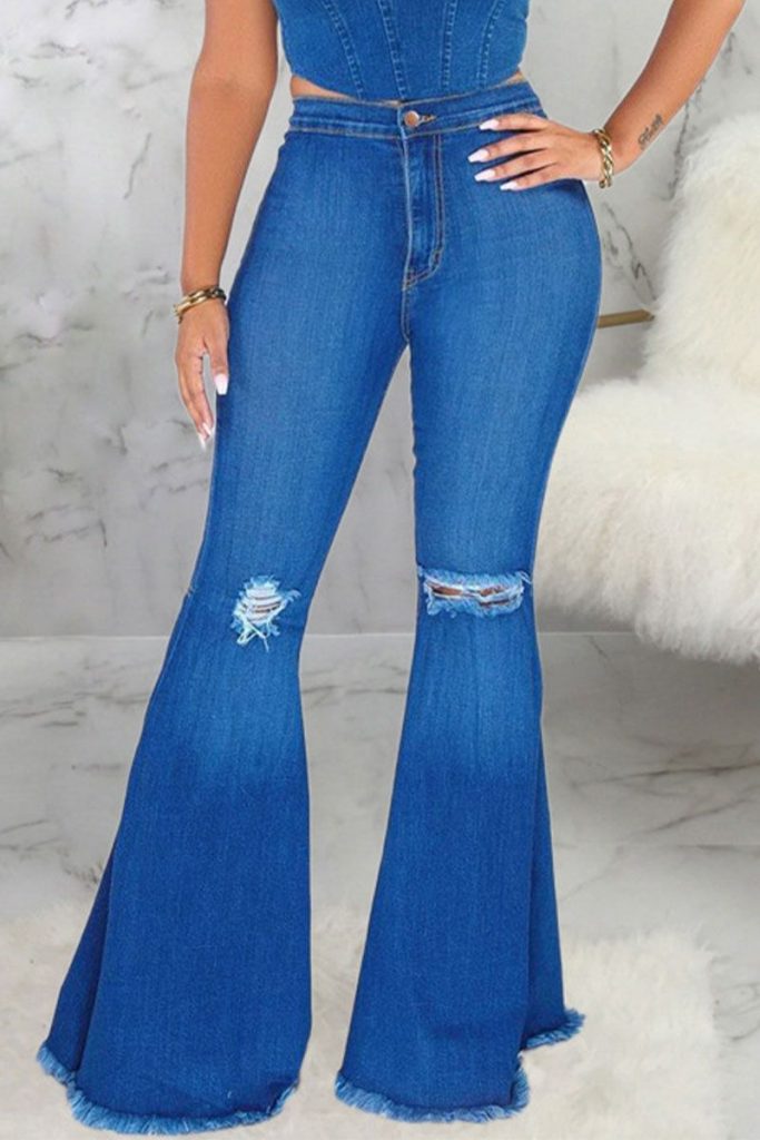 US$ $17.99 - Color Blue Sexy Solid Ripped High Waist Boot Cut Denim ...