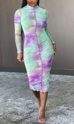 Sexy Daily Polyester Patchwork Print Split Joint Tie-dye Half A Turtleneck Long Sleeve Mid Calf A Line Dresses