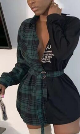 Fashion Sexy Adult Polyester Plaid Patchwork Split Joint With Belt V Neck Long Sleeve Mini Shirt Dress Dresses