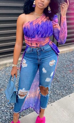 Fashion Casual Adult Milk Fiber Print Split Joint One Shoulder Tops