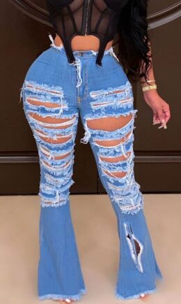 Street Denim Solid Ripped Regular Bottoms