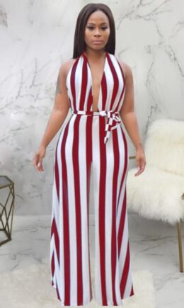 Fashion Sexy bandage Print Patchwork Backless Striped Polyester Sleeveless V Neck  Jumpsuits
