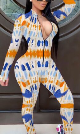 Fashion Print Split Joint O Neck Regular Jumpsuits