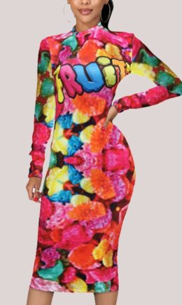 colour Fashion Casual Adult Polyester Print Split Joint O Neck Long Sleeve Knee Length A Line Dresses