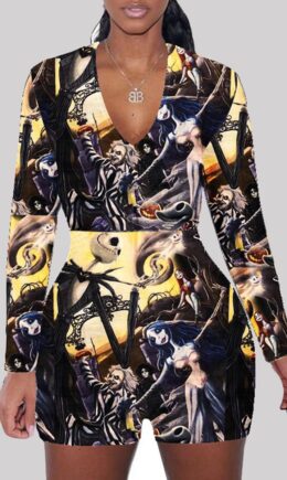 multicolor Fashion Adult Living Polyester Print Split Joint V Neck Skinny Jumpsuits