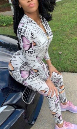 multicolor Fashion Sexy Adult Polyester Print Butterfly Print Letter O Neck Skinny Jumpsuits