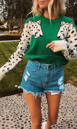 Polyester O Neck Long Sleeve Animal Prints Solid Patchwork