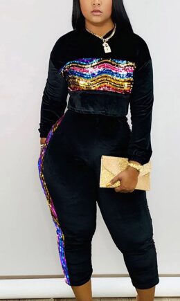 OL Fashion adult Solid Two Piece Suits Patchwork Sequin pencil Long Sleeve Two-piece Pant