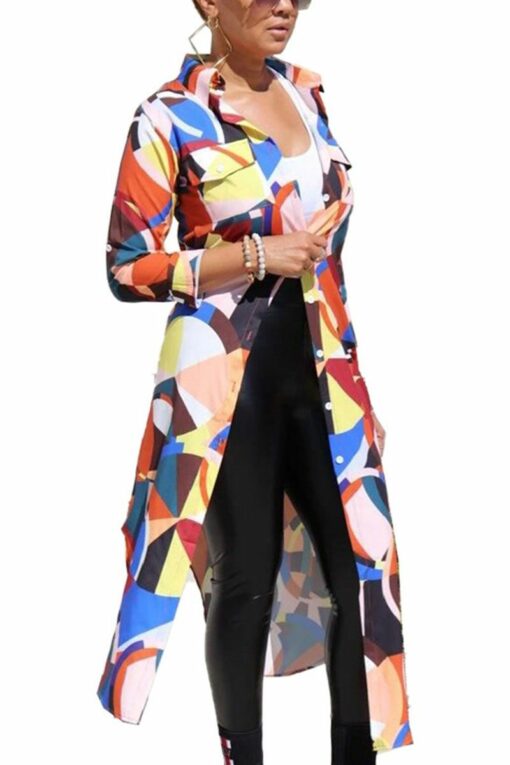 Multi-color Fashion Street Adult Polyester Geometric Print Split Joint Cardigan Turn-back Collar Outerwear
