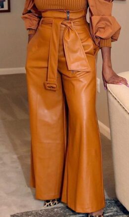Fashion Casual Adult Faux Leather Solid Pants With Belt Straight Bottoms