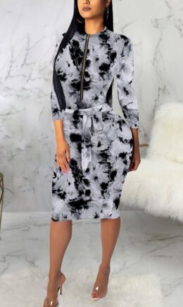 Sexy Polyester Tie Dye Split Joint O Neck Long Sleeve Knee Length Long Sleeve Dress Dresses