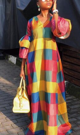 Multi-color Fashion Sexy Cap Sleeve 3/4 Length Sleeves V Neck A-Line Floor-Length ruffle Print Print Dresses