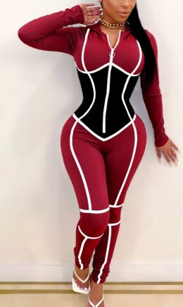 Fashion Casual Polyester Milk Fiber Patchwork Split Joint Zipper Collar Straight Jumpsuits