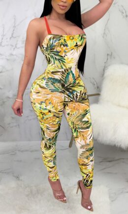 Fashion Sexy Print Patchwork bandage Backless Sleeveless Slip Jumpsuits