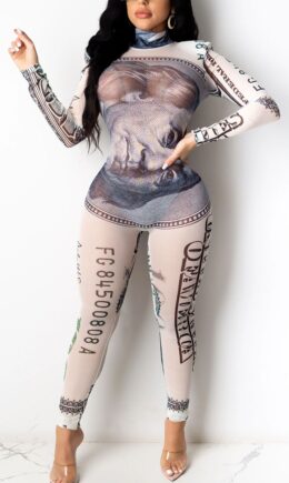 Fashion Sexy Gauze Patchwork Print See-through Half A Turtleneck Skinny Jumpsuits
