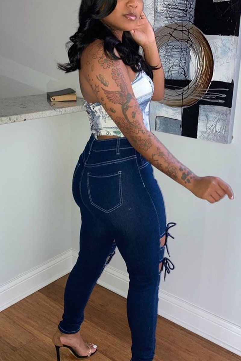 Street College Solid Frenulum High Waist Boot Cut Denim Jeans