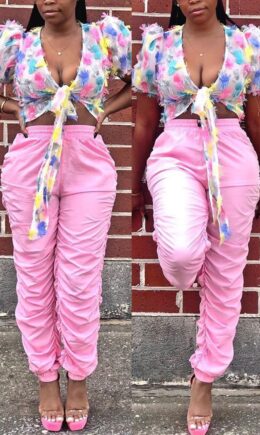 Polyester Elastic Fly Sleeveless Mid Patchwork Draped Solid Straight Pants
