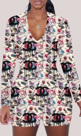 multicolor Fashion Adult Living Print V Neck Skinny Jumpsuits