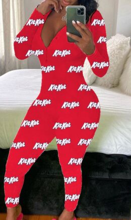 Fashion Adult Living Print Pants V Neck Skinny Jumpsuits