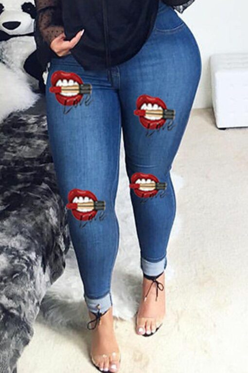 Casual Lips Printed Buttons Mid Waist Skinny Jeans
