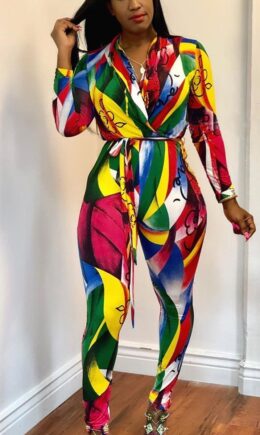 multicolor Sexy Print V Neck Skinny Jumpsuits