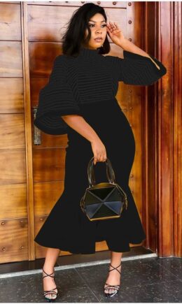 Fashion Half Sleeves Turtleneck Mermaid Mid-Calf ruffle