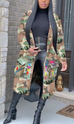 Turndown Collar Letter Print Camouflage Patchwork Print Long Sleeve Coats & Cardigan