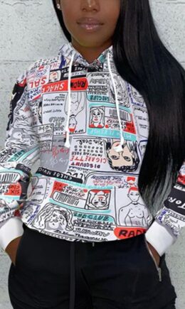 Fashion Casual Print Basic Hooded Collar Tops