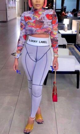 Sexy Print O Neck Long Sleeve Two Pieces