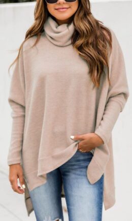 British Style Solid Slit Turtleneck Tops