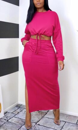 British Style Solid O Neck Long Sleeve Two Pieces