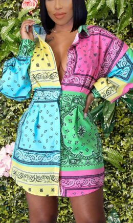 colour Casual Print Shirt Collar Tops