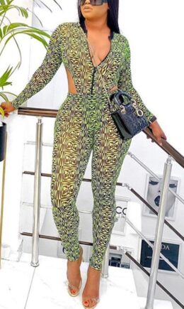 Sexy Print Split Joint See-through O Neck Regular Jumpsuits