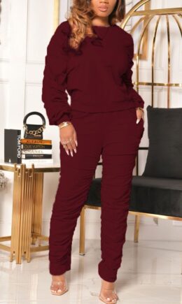 Casual Solid Fold O Neck Long Sleeve Two Pieces