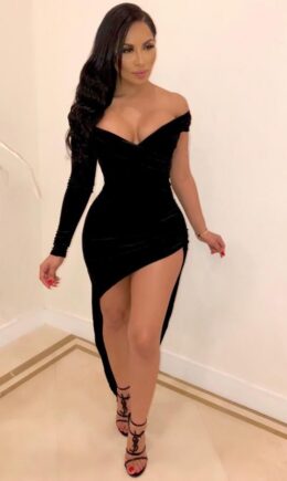 Sexy adult Fashion Cap Sleeve Long Sleeves V Neck Asymmetrical Ankle-Length Solid asymmetr