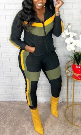 Casual Patchwork Zipper Collar Long Sleeve Two Pieces