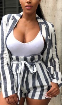 Casual Striped Cardigan Turn-back Collar Long Sleeve Two Pieces