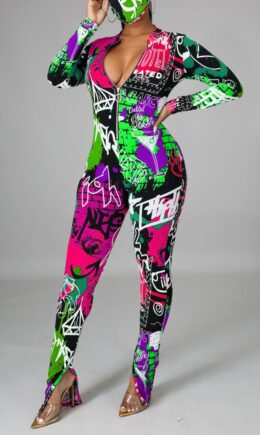 Fashion Casual Print Basic Zipper Collar Skinny Jumpsuits