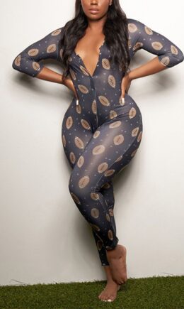 Living Print V Neck Skinny Jumpsuits