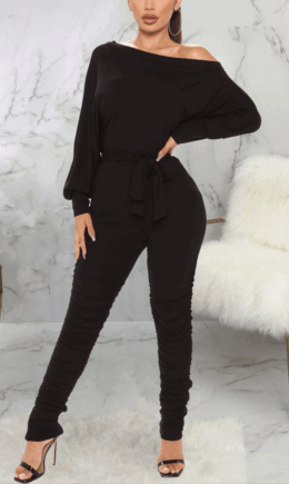 Casual Solid Fold One Shoulder Skinny Jumpsuits