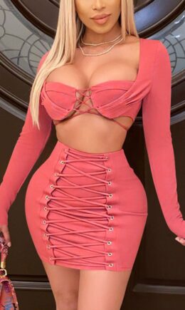 watermelon red Sexy Solid Split Joint U Neck Long Sleeve Two Pieces