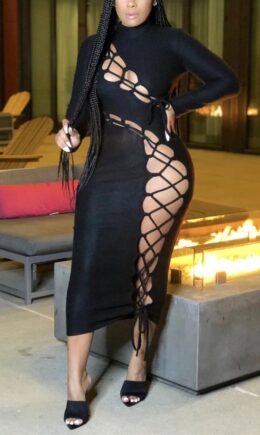 Fashion Sexy Solid Hollowed Out Strap Design Turtleneck Long Sleeve Dress