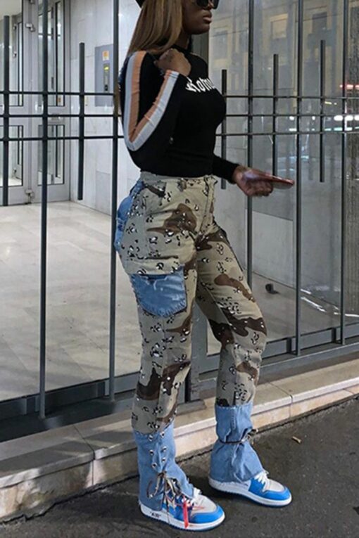 Camouflage Fashion Casual Camouflage Print Split Joint Strap Design Mid Waist Regular Jeans