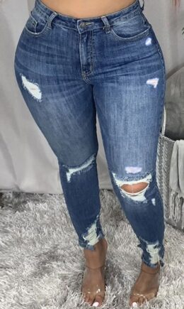 Fashion Casual Solid Ripped Mid Waist Skinny Jeans