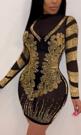 Fashion Sexy Adult Polyester Patchwork See-through Sequined O Neck Long Sleeve Knee Length Wrapped Skirt Dresses